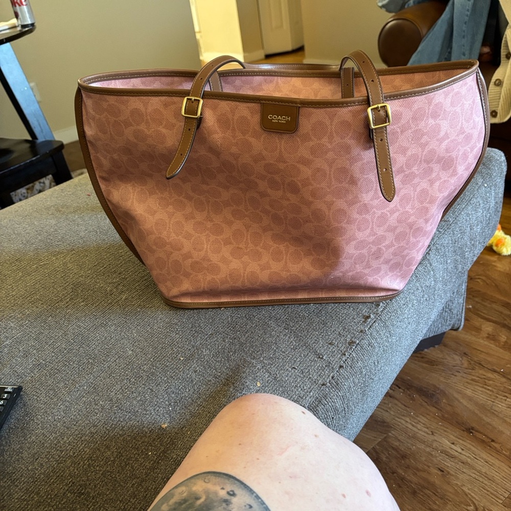 Coach Pink Signature Canvas Tote with Brown Leather Trim